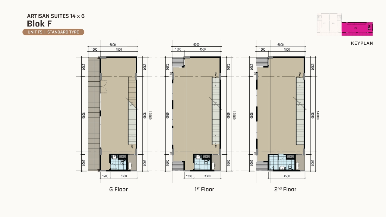 Elevation and floor plan of Artisan Suites Block F, unit F5 (14 × 6 m), Standard Type