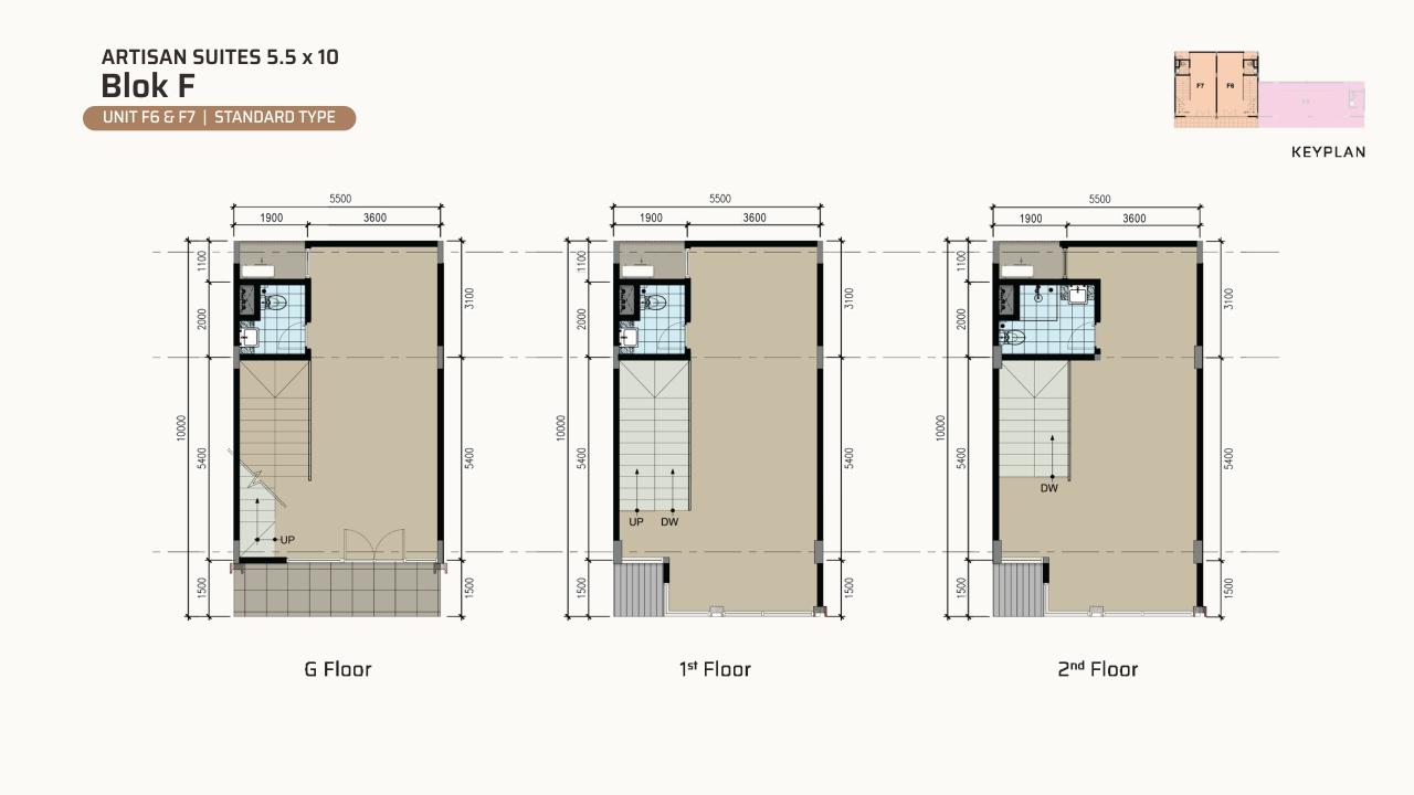 Elevation and floor plan of Artisan Suites Block F, units F6 & F7 (5.5 × 10 m), Standard Type