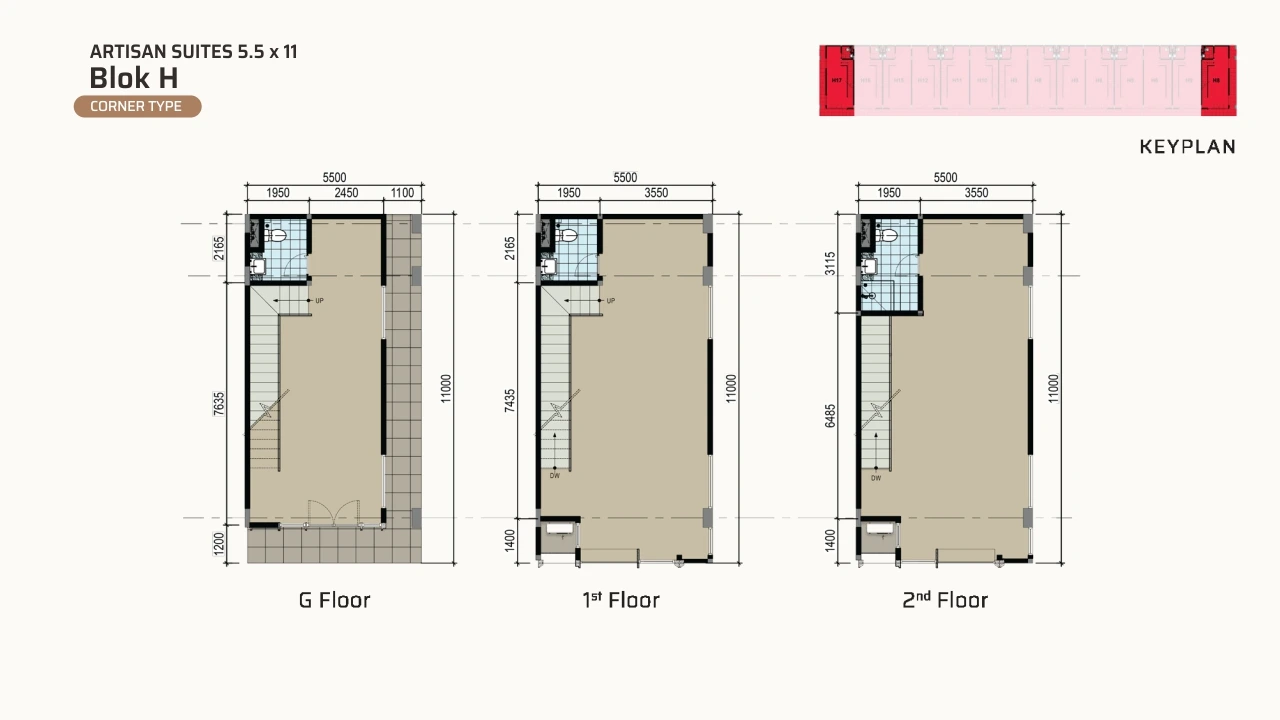 Floor plan of Artisan Suites Block H, Corner Type 5.5 × 11 m